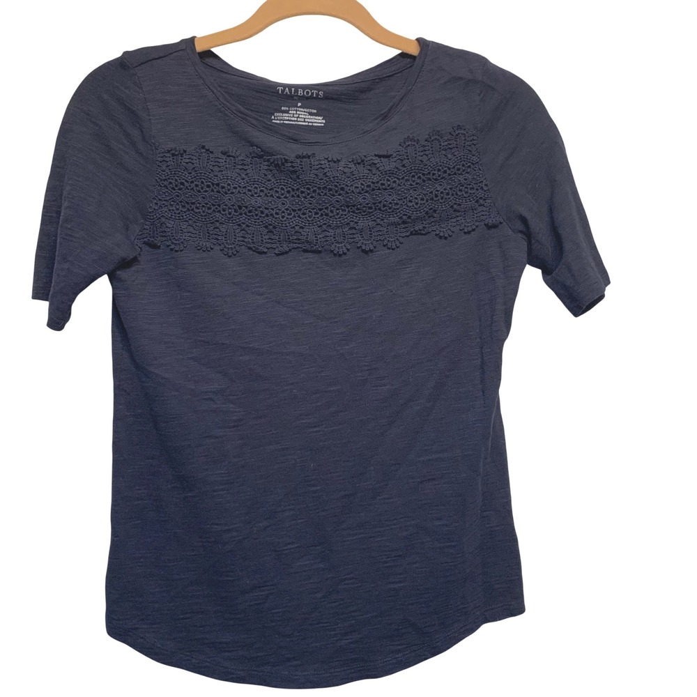 Talbots‎ Crochet Lace Yoke Top Petite S Blue Cotton boho Classic Slub Knit Tee
